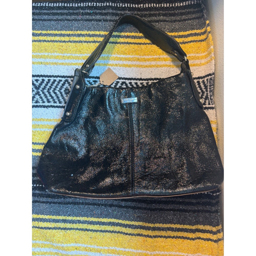 Kate Spade Black Crinkled Patent Leather Hobo Bag Shoulder Bag Stripe Lining